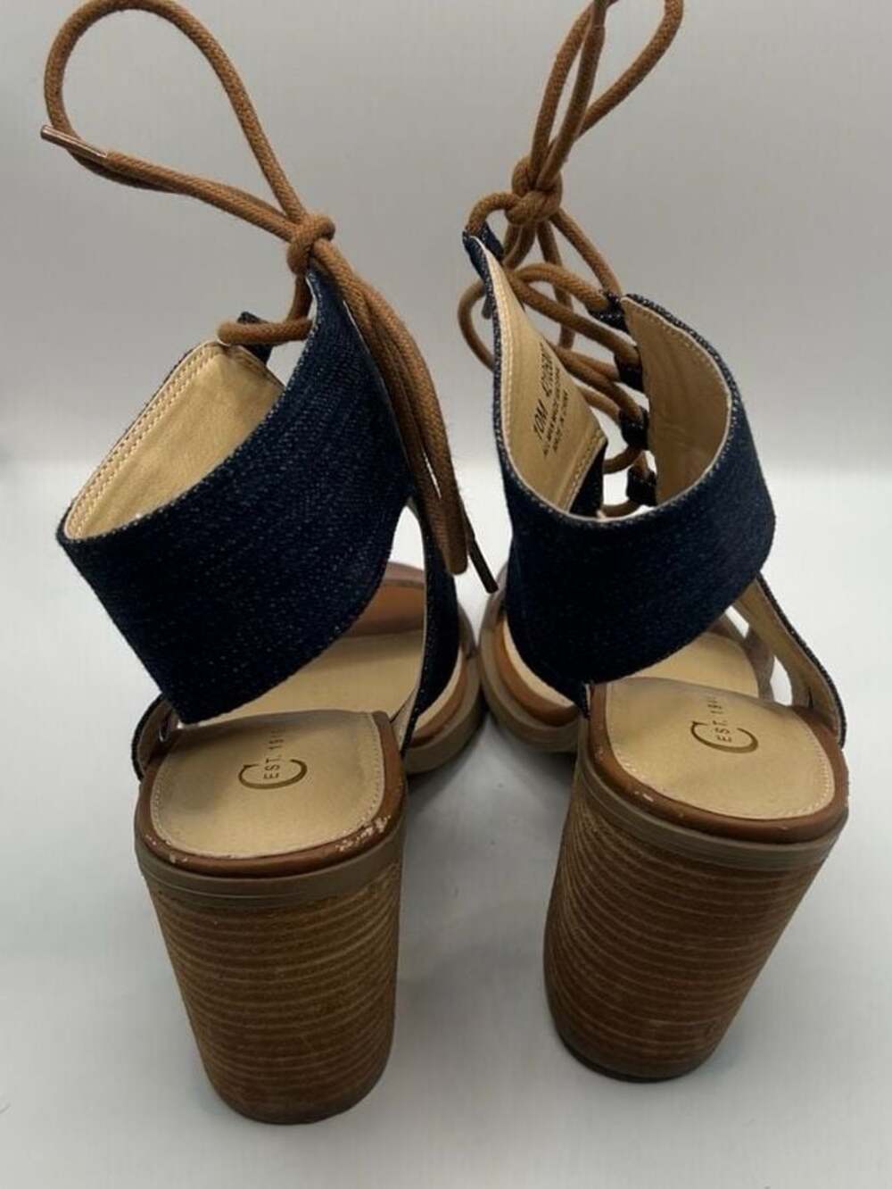 Womens Denim Lace Up Block Heel Sandals Size 10 Brown Strap Casual Summer - Picture 4 of 9